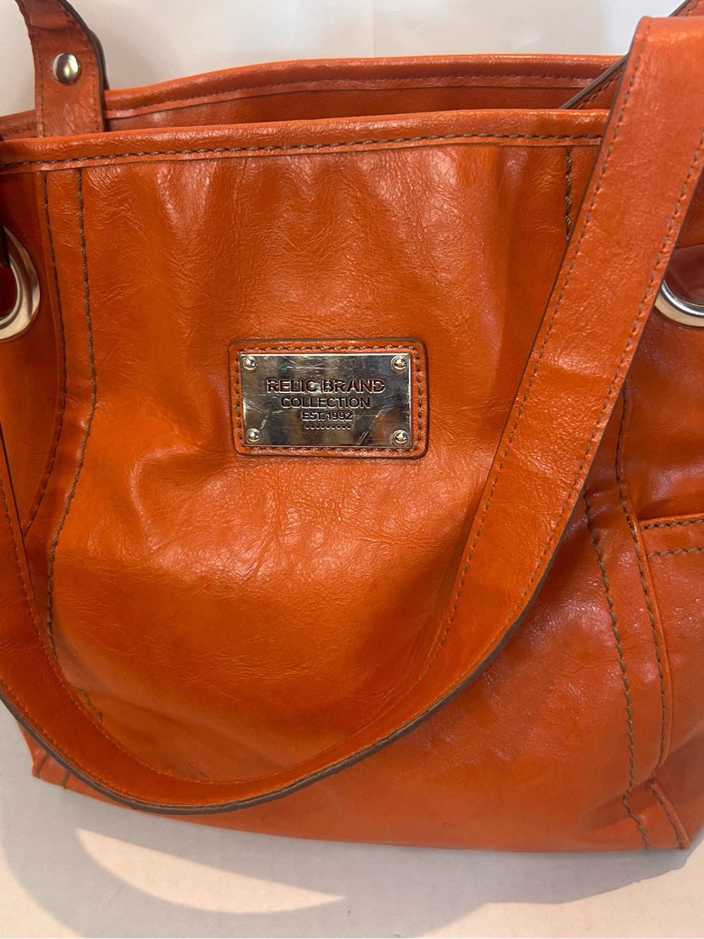 Relic Orange Leather Tote with Metal Logo Plate